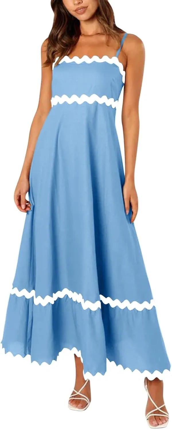 Long Flowy Dresses For Women Spaghetti Strap 2024 Maxi Dresses Summer Boho Sleeveless Striped A Line Beach Sundress