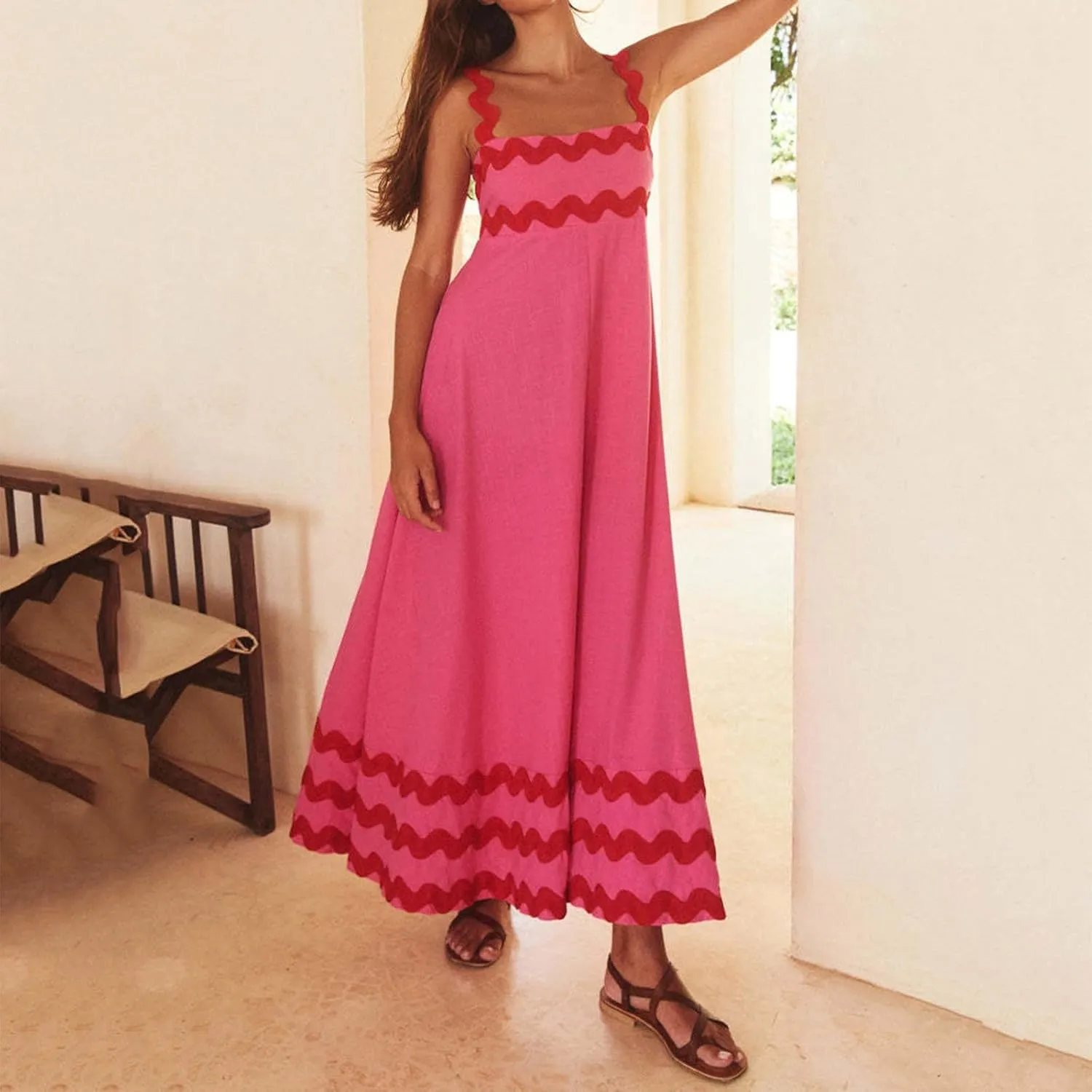 Long Flowy Dresses For Women Spaghetti Strap 2024 Maxi Dresses Summer Boho Sleeveless Striped A Line Beach Sundress