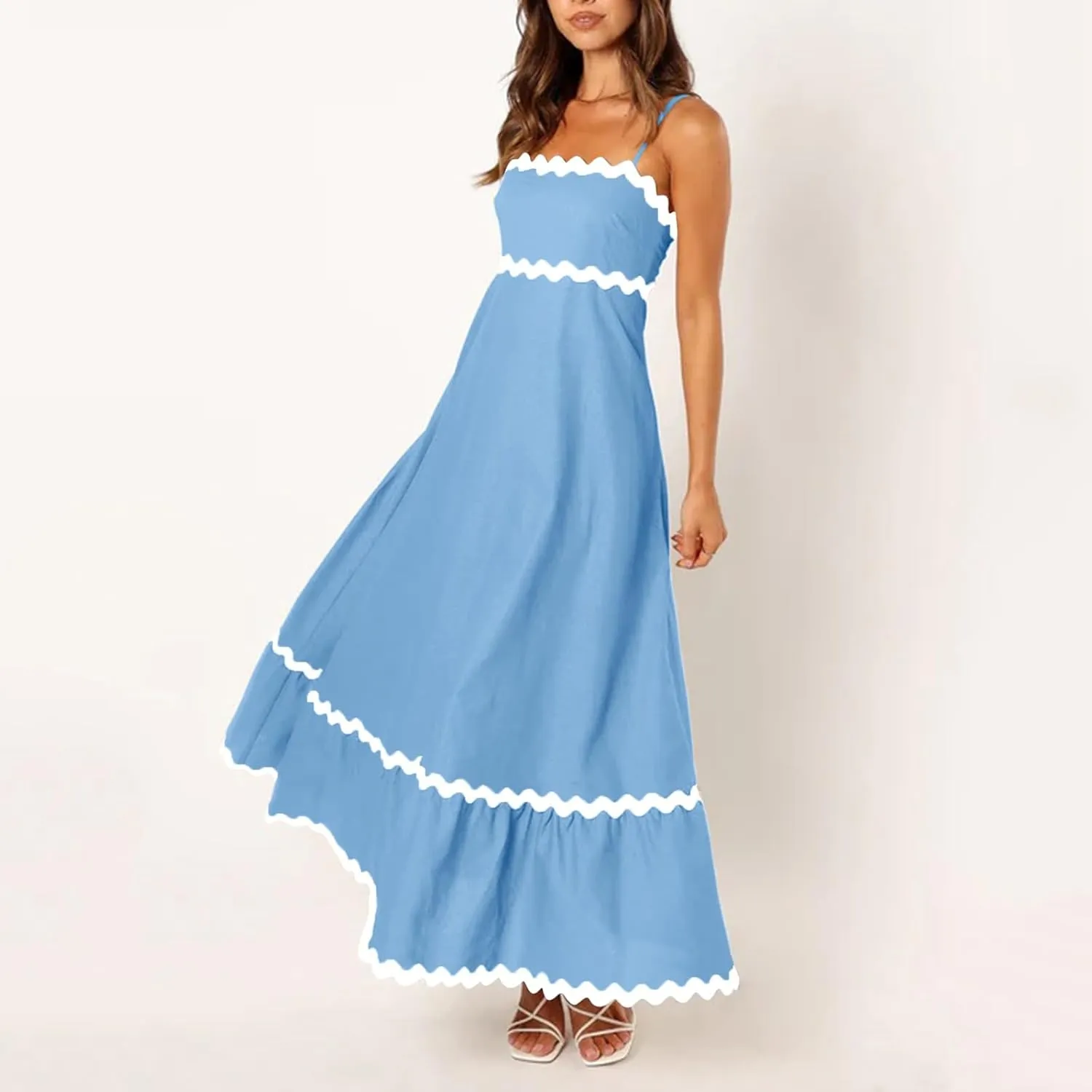 Long Flowy Dresses For Women Spaghetti Strap 2024 Maxi Dresses Summer Boho Sleeveless Striped A Line Beach Sundress
