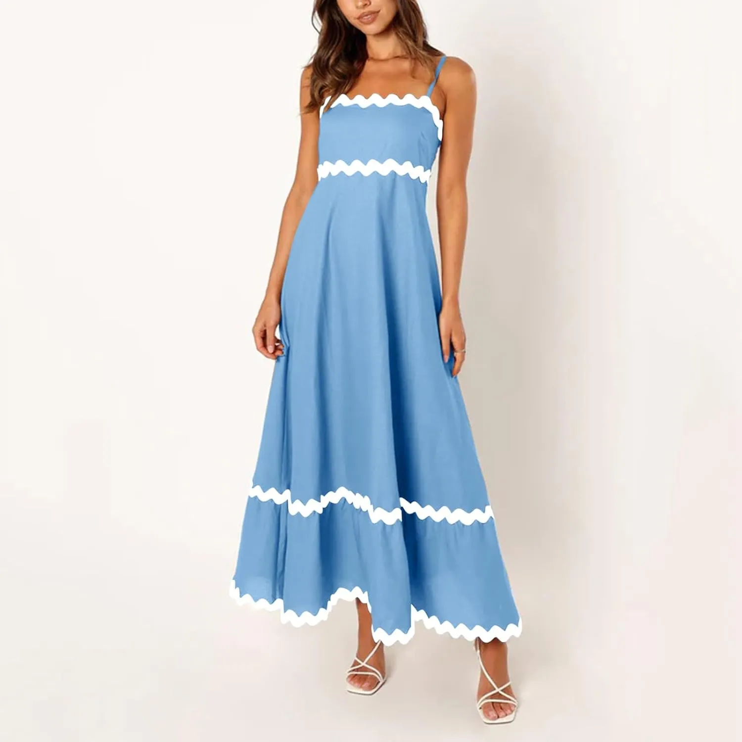 Long Flowy Dresses For Women Spaghetti Strap 2024 Maxi Dresses Summer Boho Sleeveless Striped A Line Beach Sundress