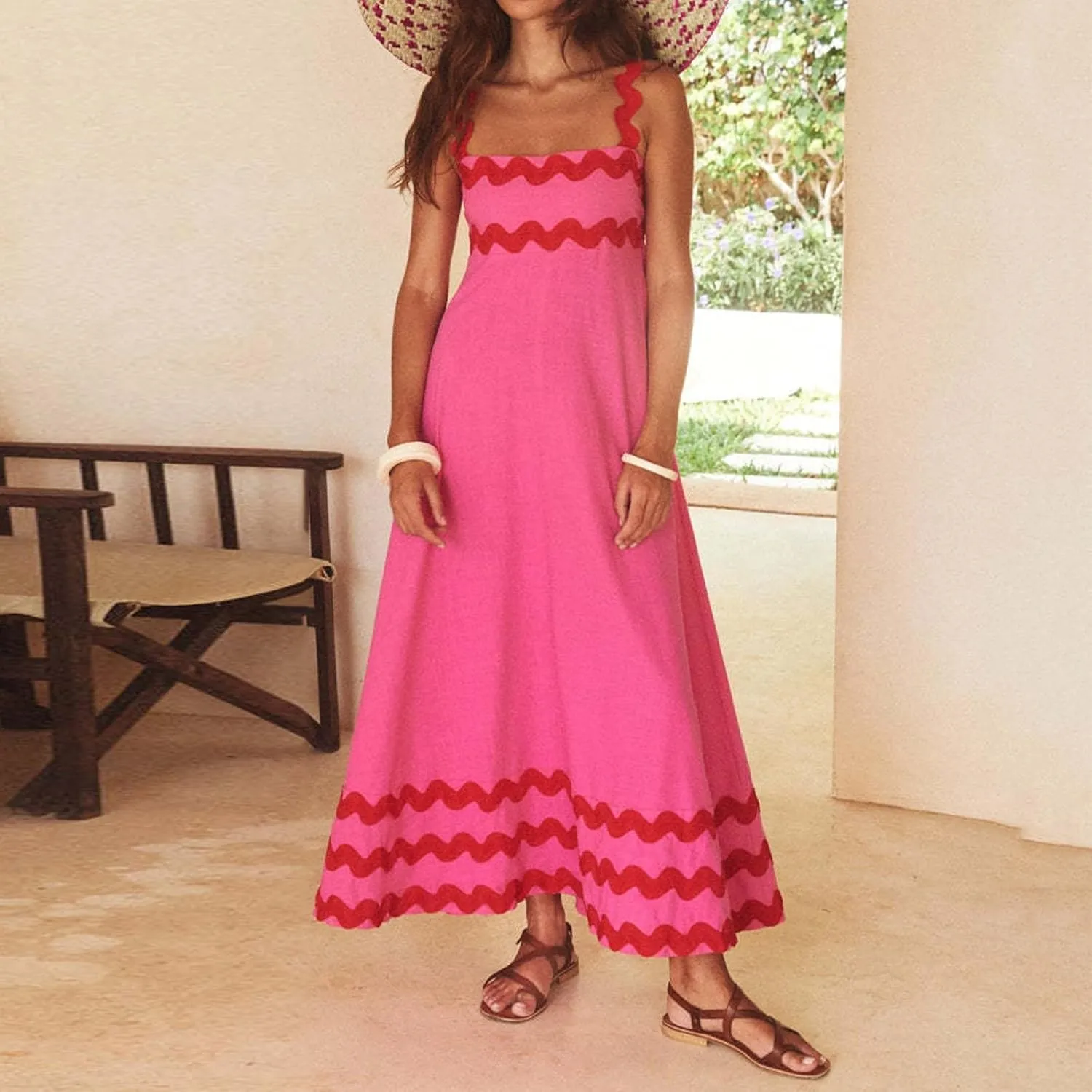 Long Flowy Dresses For Women Spaghetti Strap 2024 Maxi Dresses Summer Boho Sleeveless Striped A Line Beach Sundress