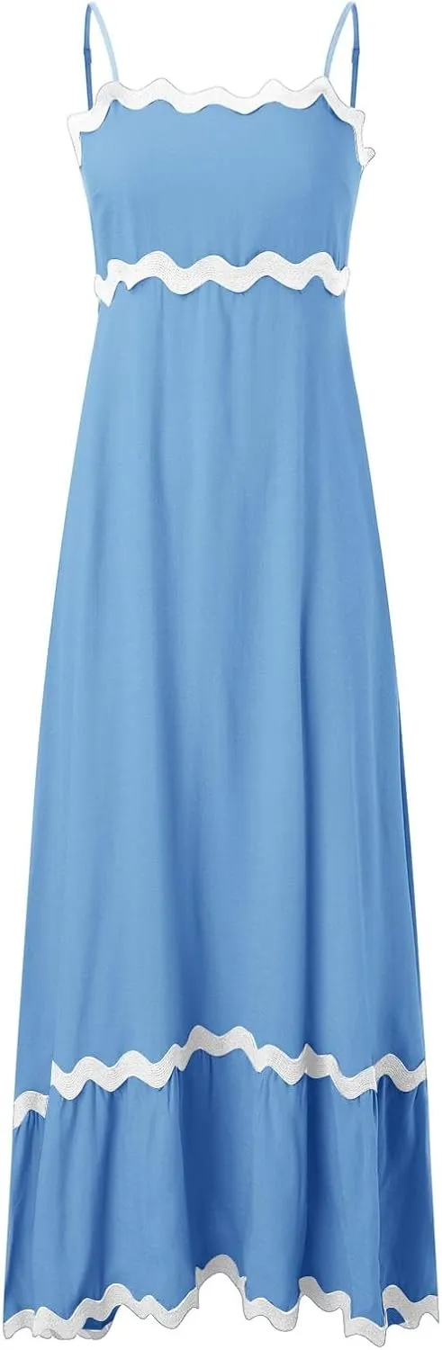 Long Flowy Dresses For Women Spaghetti Strap 2024 Maxi Dresses Summer Boho Sleeveless Striped A Line Beach Sundress