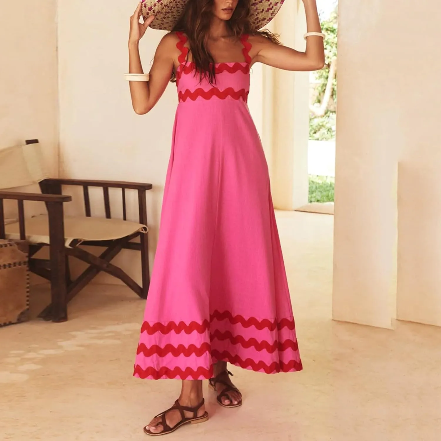 Long Flowy Dresses For Women Spaghetti Strap 2024 Maxi Dresses Summer Boho Sleeveless Striped A Line Beach Sundress