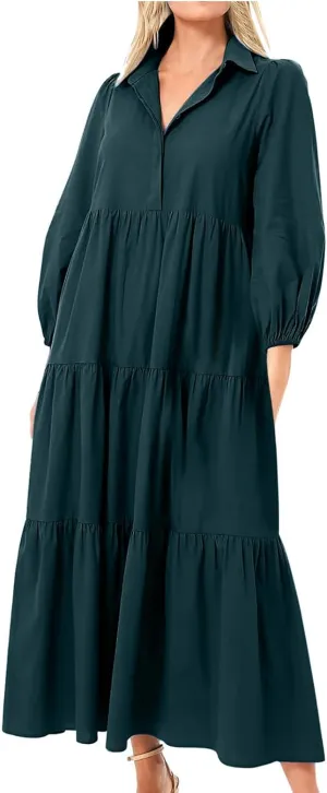 Long Flowy Fall Dresses for Women 2024 Fashion Long Sleeve Button Up Dress Elegant Solid Tiered Pleated Ruffle Dress