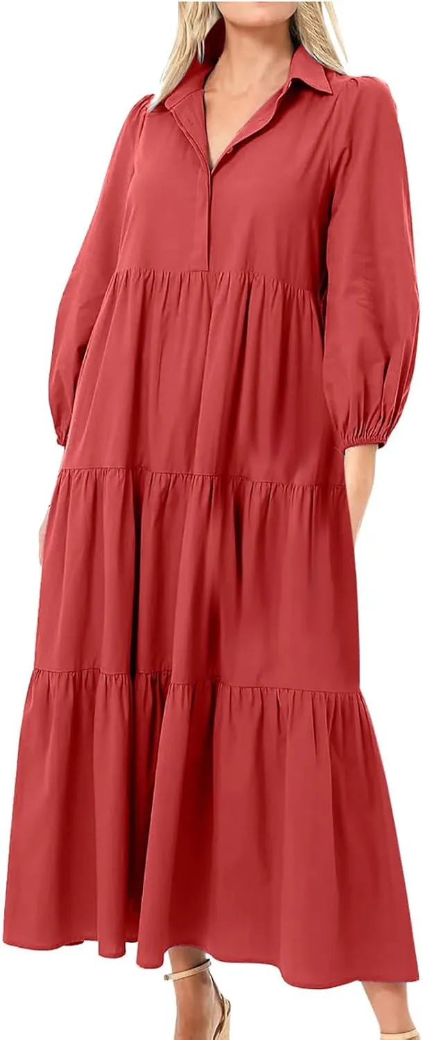 Long Flowy Fall Dresses for Women 2024 Fashion Long Sleeve Button Up Dress Elegant Solid Tiered Pleated Ruffle Dress