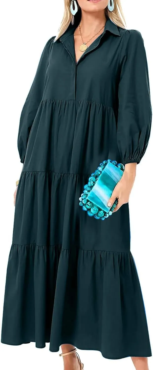Long Flowy Fall Dresses for Women 2024 Fashion Long Sleeve Button Up Dress Elegant Solid Tiered Pleated Ruffle Dress