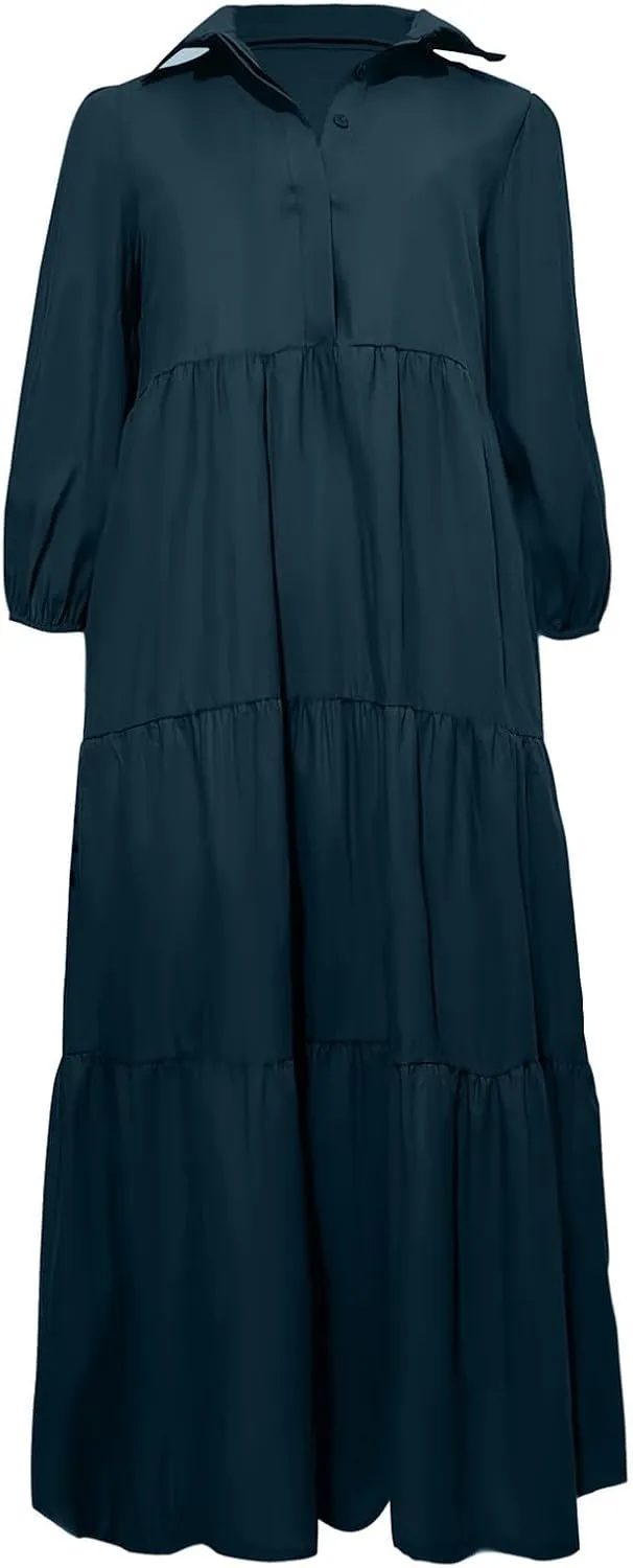 Long Flowy Fall Dresses for Women 2024 Fashion Long Sleeve Button Up Dress Elegant Solid Tiered Pleated Ruffle Dress