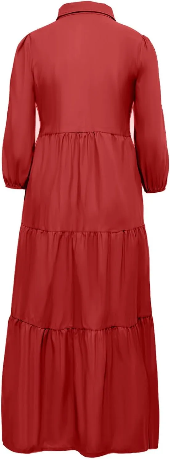 Long Flowy Fall Dresses for Women 2024 Fashion Long Sleeve Button Up Dress Elegant Solid Tiered Pleated Ruffle Dress