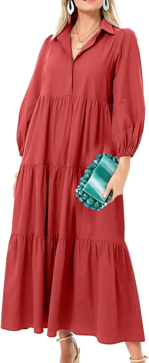Long Flowy Fall Dresses for Women 2024 Fashion Long Sleeve Button Up Dress Elegant Solid Tiered Pleated Ruffle Dress