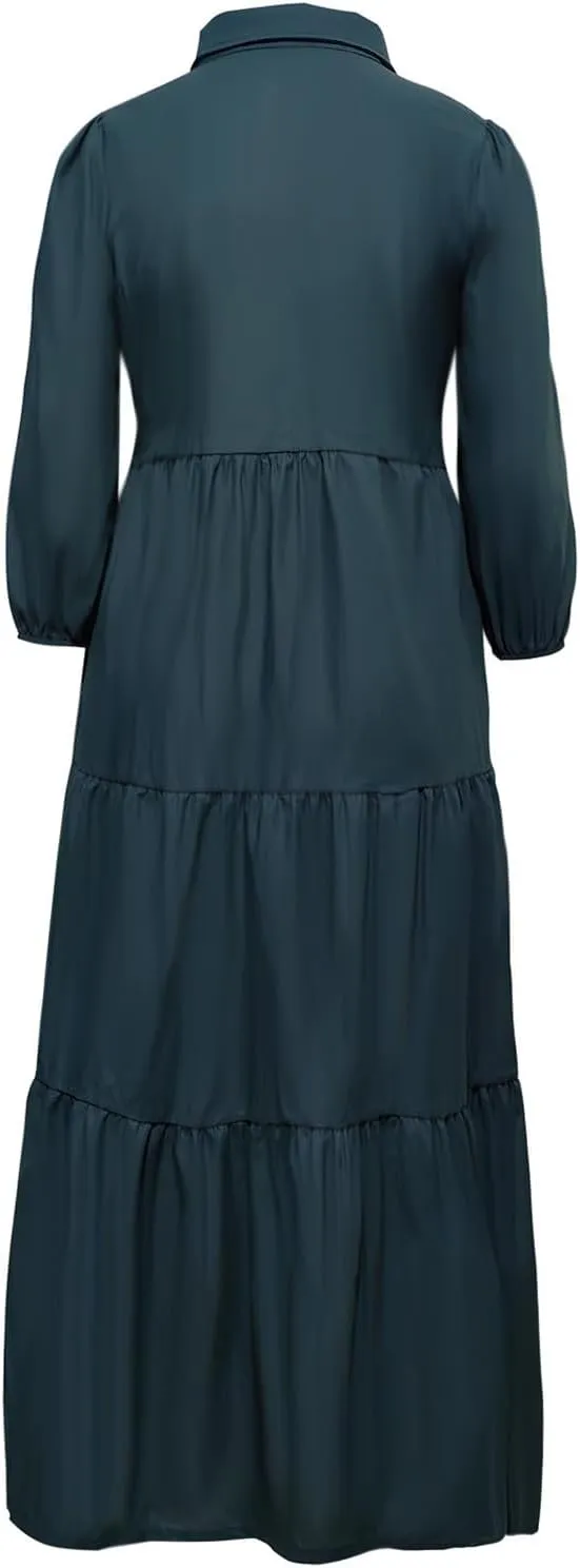 Long Flowy Fall Dresses for Women 2024 Fashion Long Sleeve Button Up Dress Elegant Solid Tiered Pleated Ruffle Dress