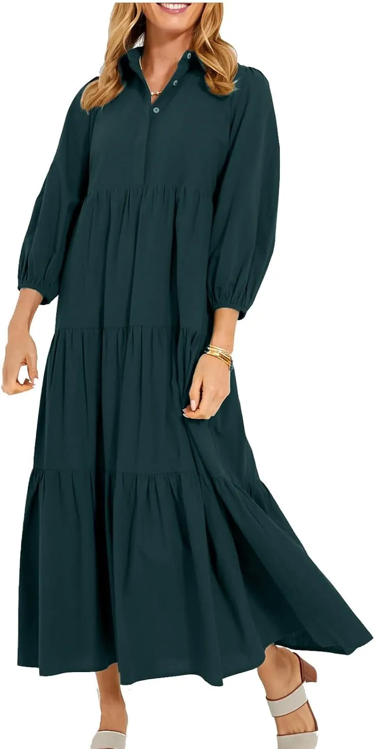 Long Flowy Fall Dresses for Women 2024 Fashion Long Sleeve Button Up Dress Elegant Solid Tiered Pleated Ruffle Dress