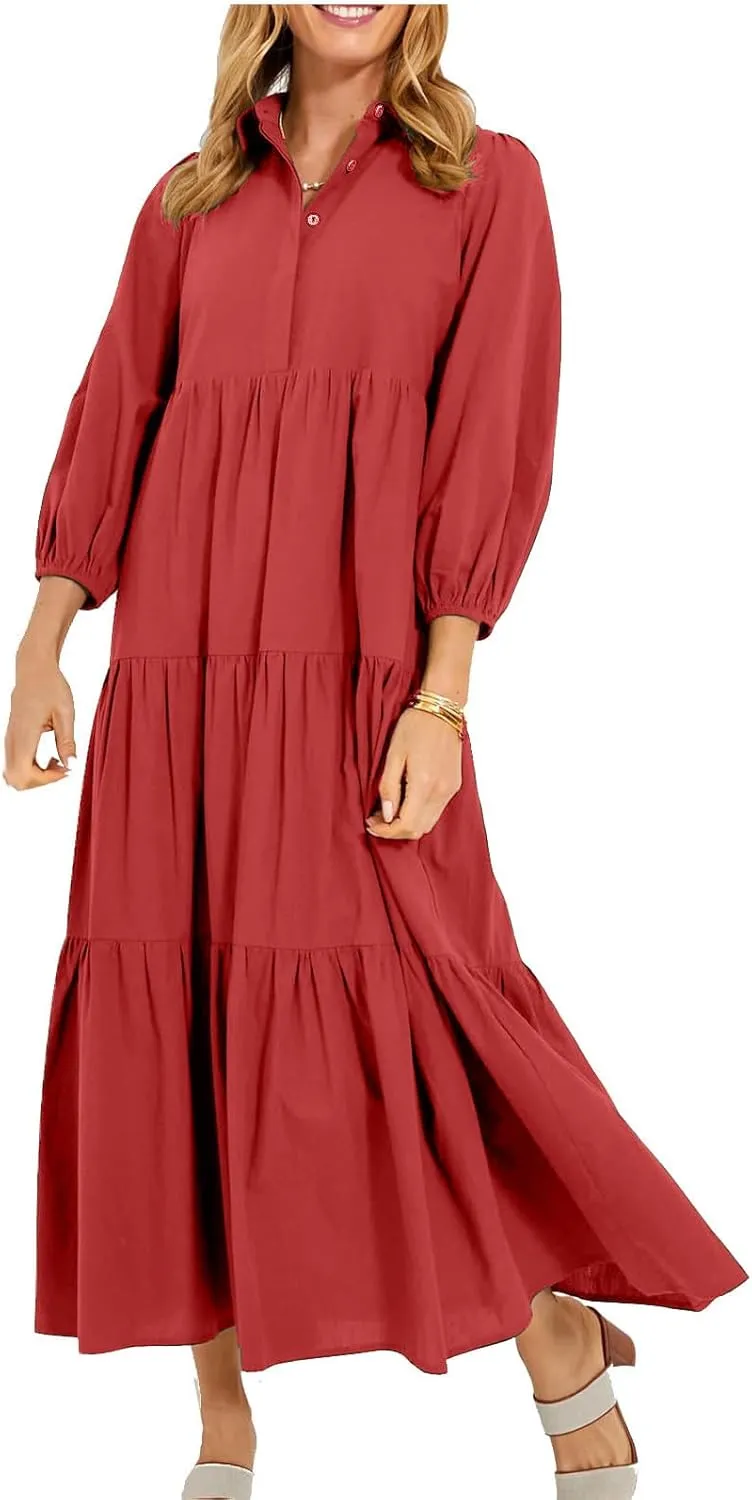 Long Flowy Fall Dresses for Women 2024 Fashion Long Sleeve Button Up Dress Elegant Solid Tiered Pleated Ruffle Dress