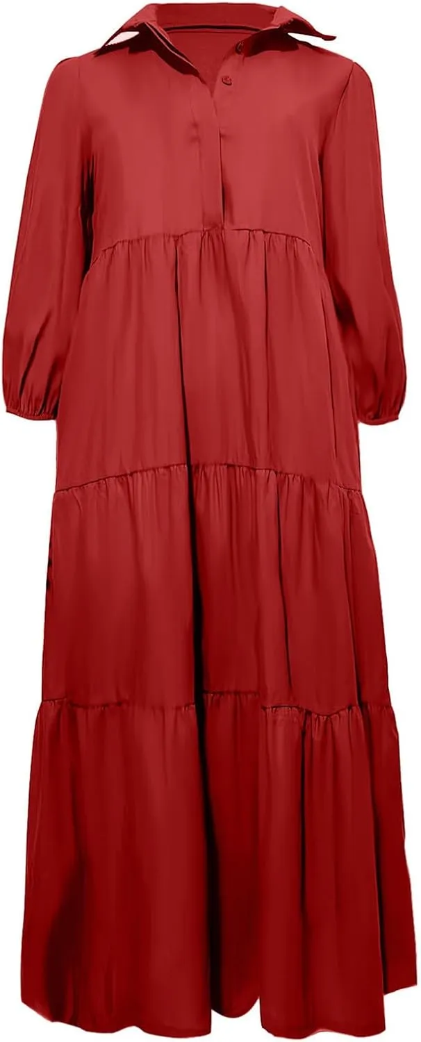 Long Flowy Fall Dresses for Women 2024 Fashion Long Sleeve Button Up Dress Elegant Solid Tiered Pleated Ruffle Dress