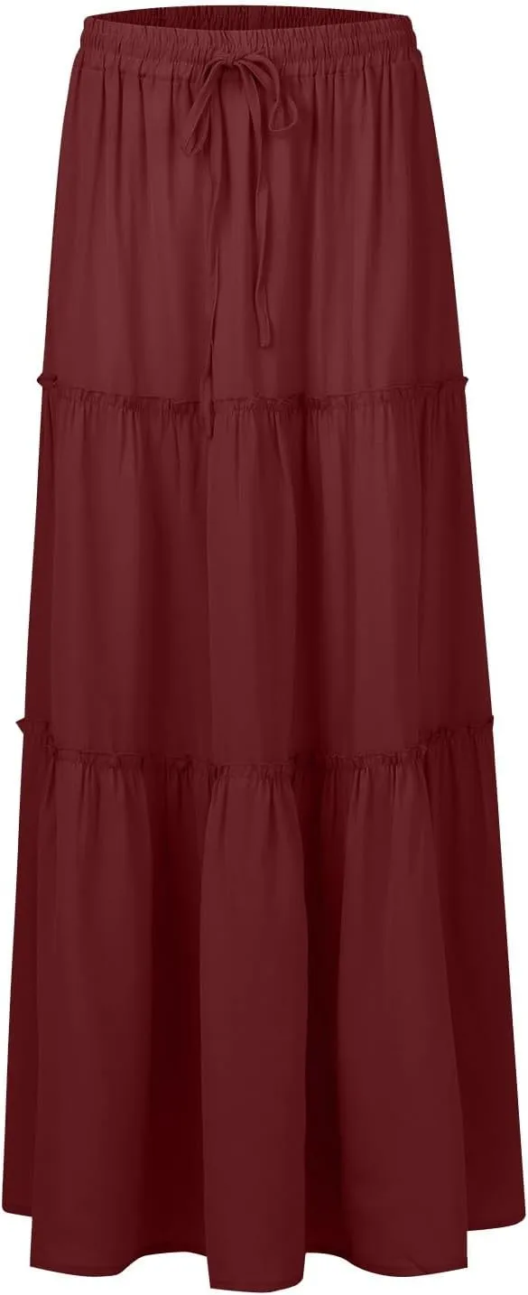 Long Skirts for Women Elegant Summer Boho Skirt Flowy Tiered Ruffle A Line Skirt Smocked Elastic Tie Waist Skirts