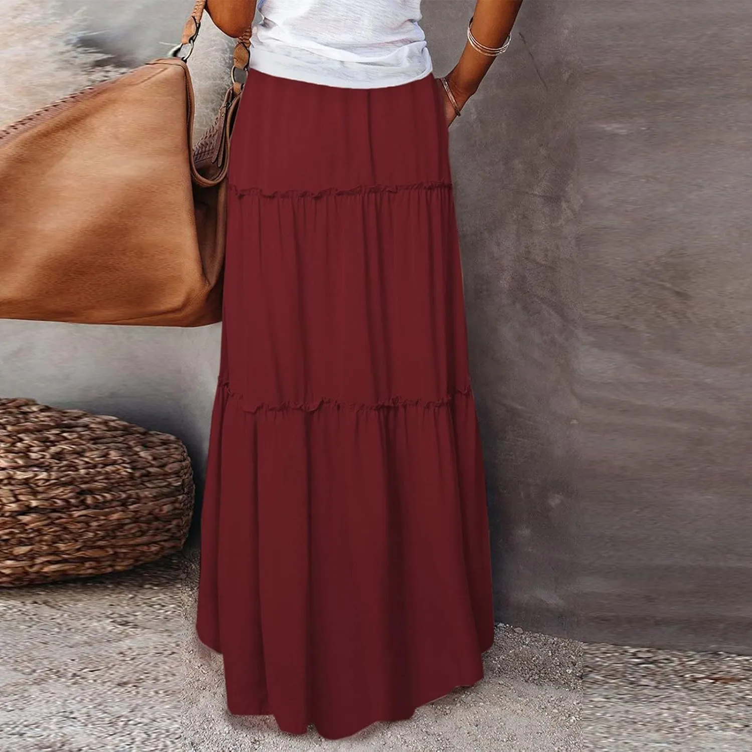 Long Skirts for Women Elegant Summer Boho Skirt Flowy Tiered Ruffle A Line Skirt Smocked Elastic Tie Waist Skirts