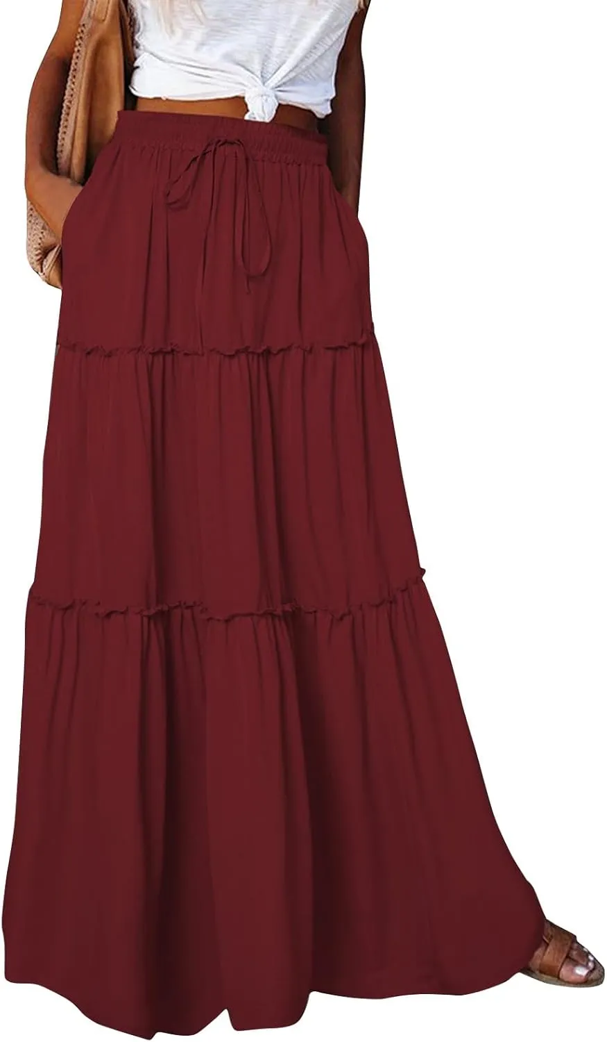Long Skirts for Women Elegant Summer Boho Skirt Flowy Tiered Ruffle A Line Skirt Smocked Elastic Tie Waist Skirts