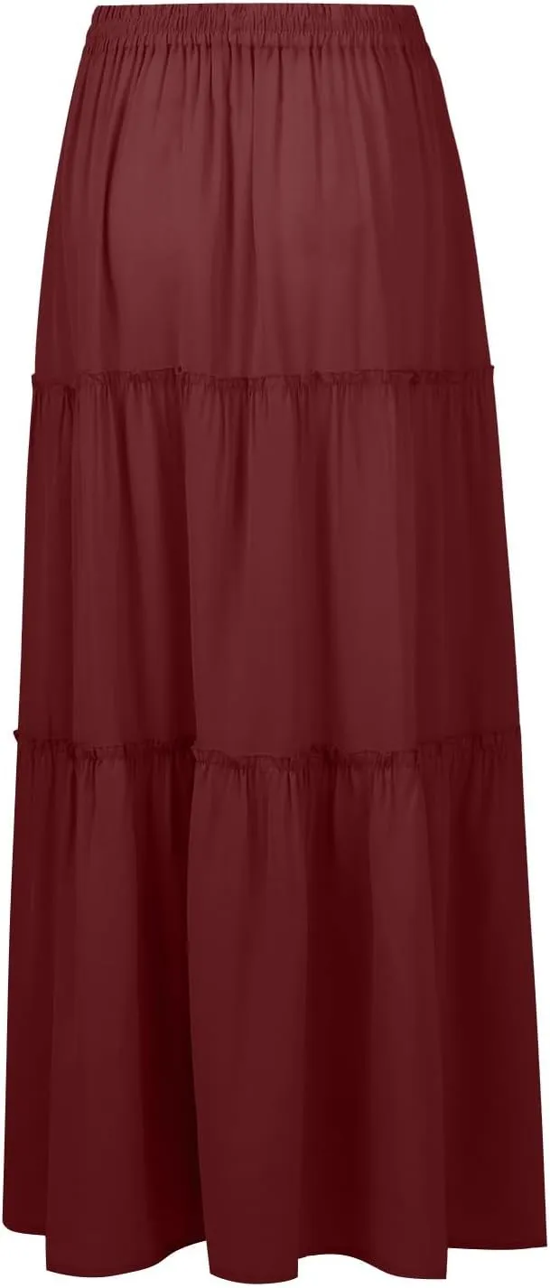 Long Skirts for Women Elegant Summer Boho Skirt Flowy Tiered Ruffle A Line Skirt Smocked Elastic Tie Waist Skirts
