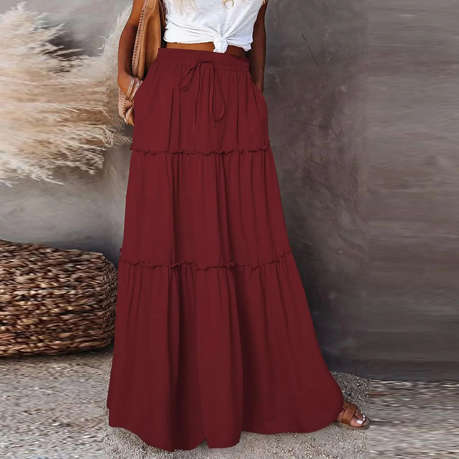 Long Skirts for Women Elegant Summer Boho Skirt Flowy Tiered Ruffle A Line Skirt Smocked Elastic Tie Waist Skirts