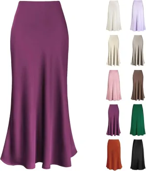 Long Skirts for Women Summer Stretchy Flowy Maxi Skirt Dressy Casual Satin Skirt for Work Fold Over High Waisted