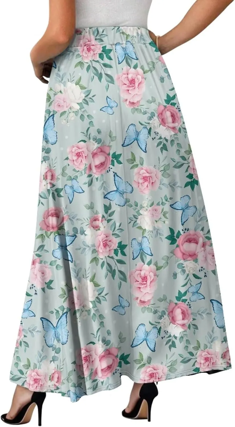 Long Skirts for Womens Casual Trendy Swing Skirts Elegant Floral Midi Skirts Elasticized Waistband Long Maxi Skirt