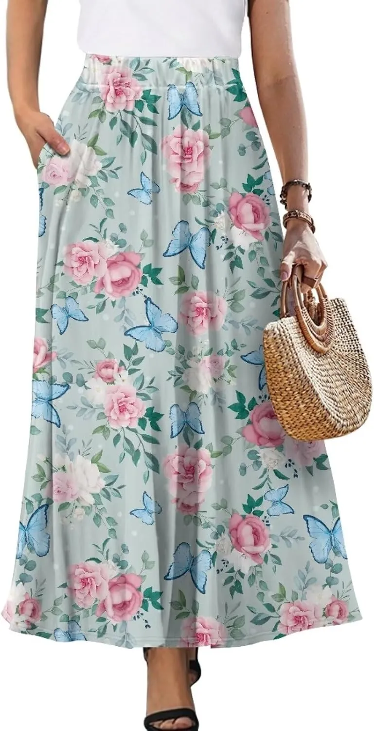 Long Skirts for Womens Casual Trendy Swing Skirts Elegant Floral Midi Skirts Elasticized Waistband Long Maxi Skirt