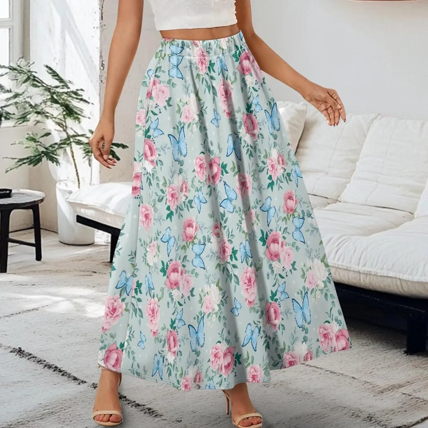 Long Skirts for Womens Casual Trendy Swing Skirts Elegant Floral Midi Skirts Elasticized Waistband Long Maxi Skirt