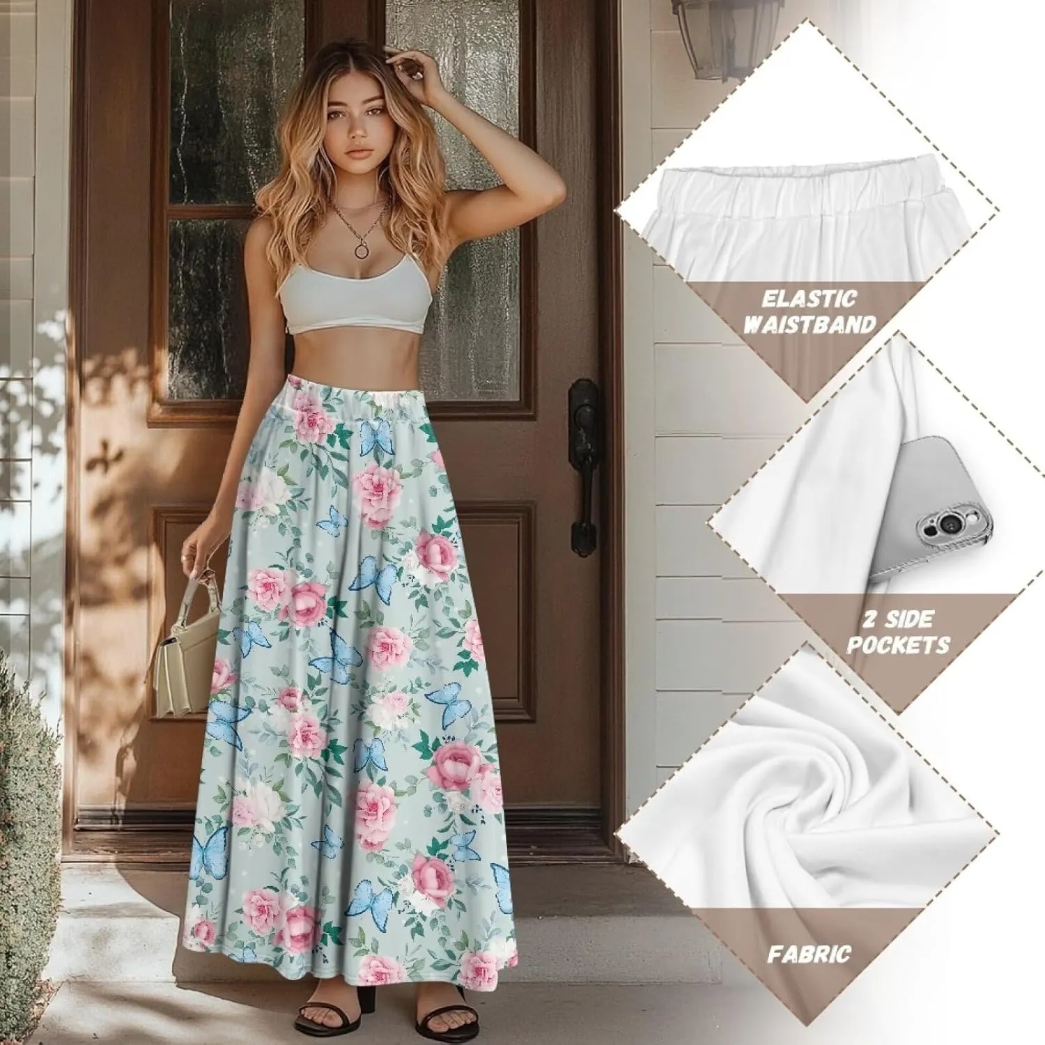 Long Skirts for Womens Casual Trendy Swing Skirts Elegant Floral Midi Skirts Elasticized Waistband Long Maxi Skirt