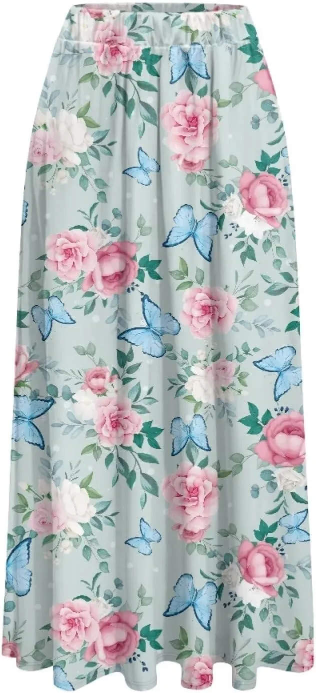 Long Skirts for Womens Casual Trendy Swing Skirts Elegant Floral Midi Skirts Elasticized Waistband Long Maxi Skirt