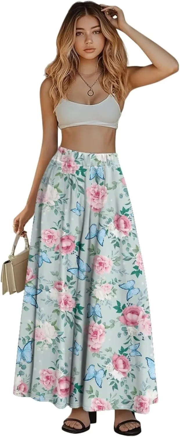 Long Skirts for Womens Casual Trendy Swing Skirts Elegant Floral Midi Skirts Elasticized Waistband Long Maxi Skirt