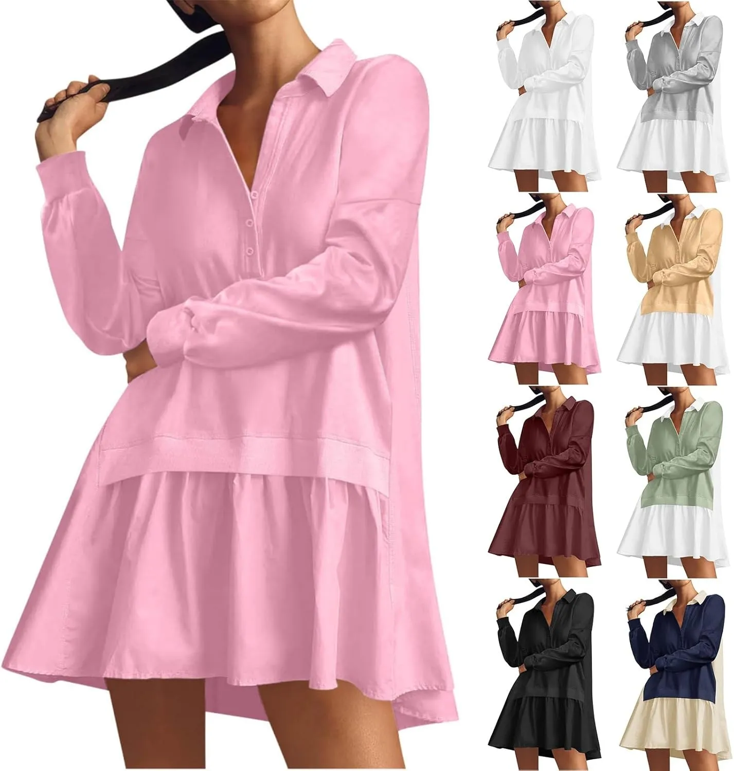 Long Sleeve Dresses for Women 2024 Sexy V Neck Solid Ruffle Mini Dress Causal Pleated Pullover Mini Dress Fall Outfit