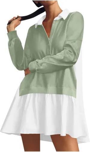 Long Sleeve Dresses for Women 2024 Sexy V Neck Solid Ruffle Mini Dress Causal Pleated Pullover Mini Dress Fall Outfit