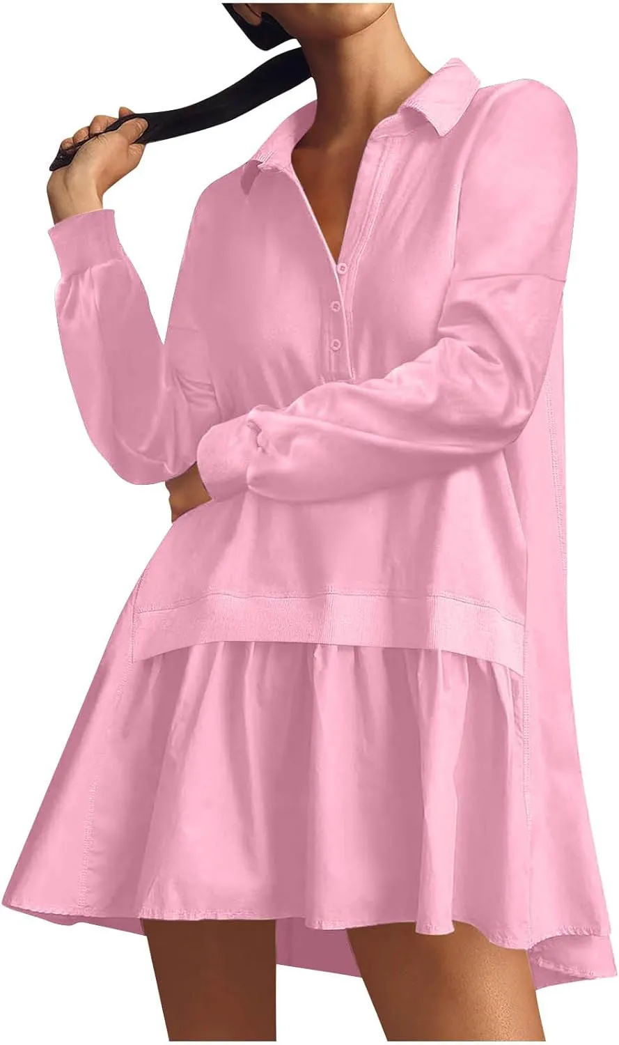 Long Sleeve Dresses for Women 2024 Sexy V Neck Solid Ruffle Mini Dress Causal Pleated Pullover Mini Dress Fall Outfit