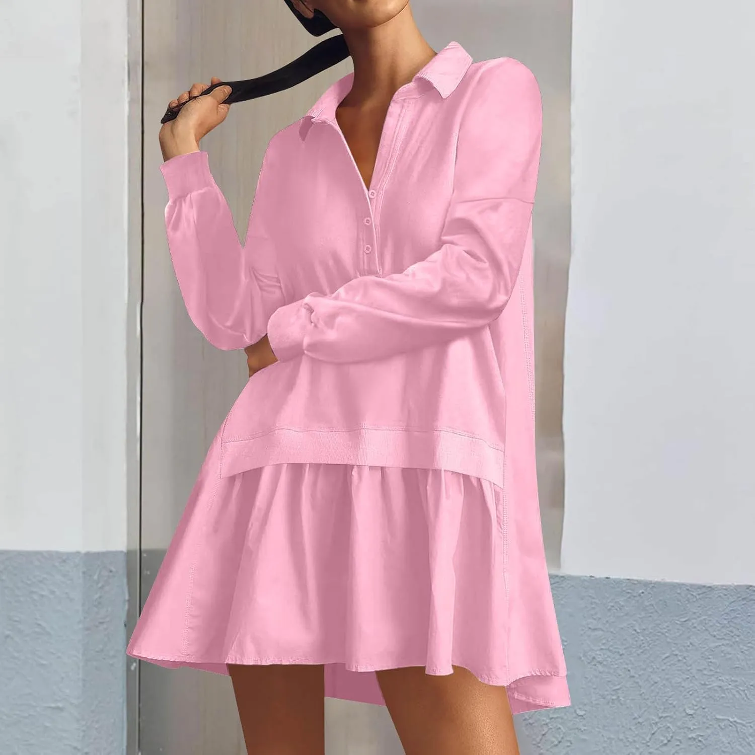 Long Sleeve Dresses for Women 2024 Sexy V Neck Solid Ruffle Mini Dress Causal Pleated Pullover Mini Dress Fall Outfit
