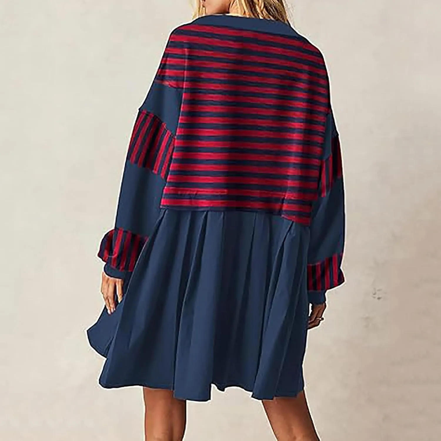 Long Sleeve Fall Dresses for Women 2024 Casual V Neck Striped Mini Dress Fashion Cute Ruffle T-Shirt Dress Preppy Top