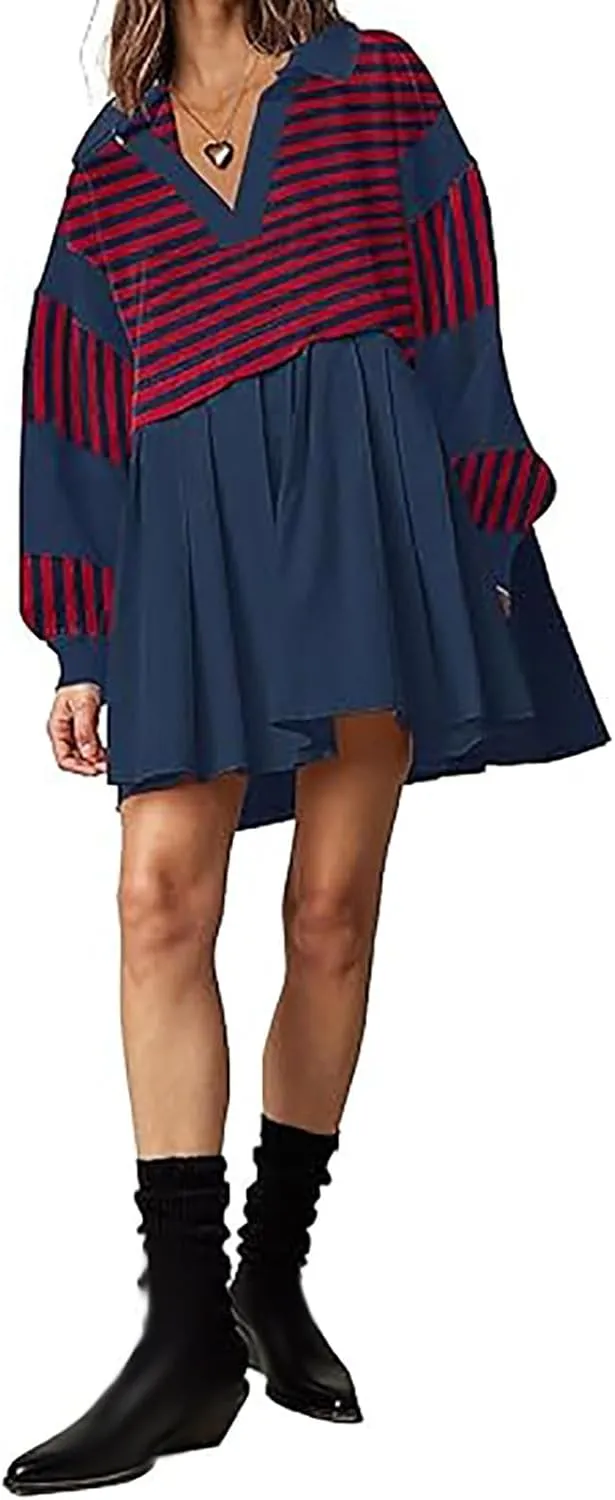Long Sleeve Fall Dresses for Women 2024 Casual V Neck Striped Mini Dress Fashion Cute Ruffle T-Shirt Dress Preppy Top