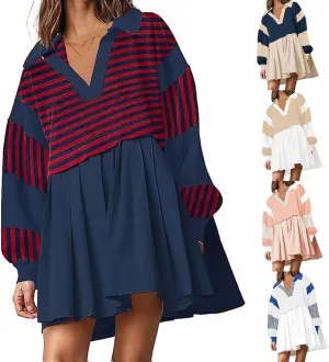 Long Sleeve Fall Dresses for Women 2024 Casual V Neck Striped Mini Dress Fashion Cute Ruffle T-Shirt Dress Preppy Top