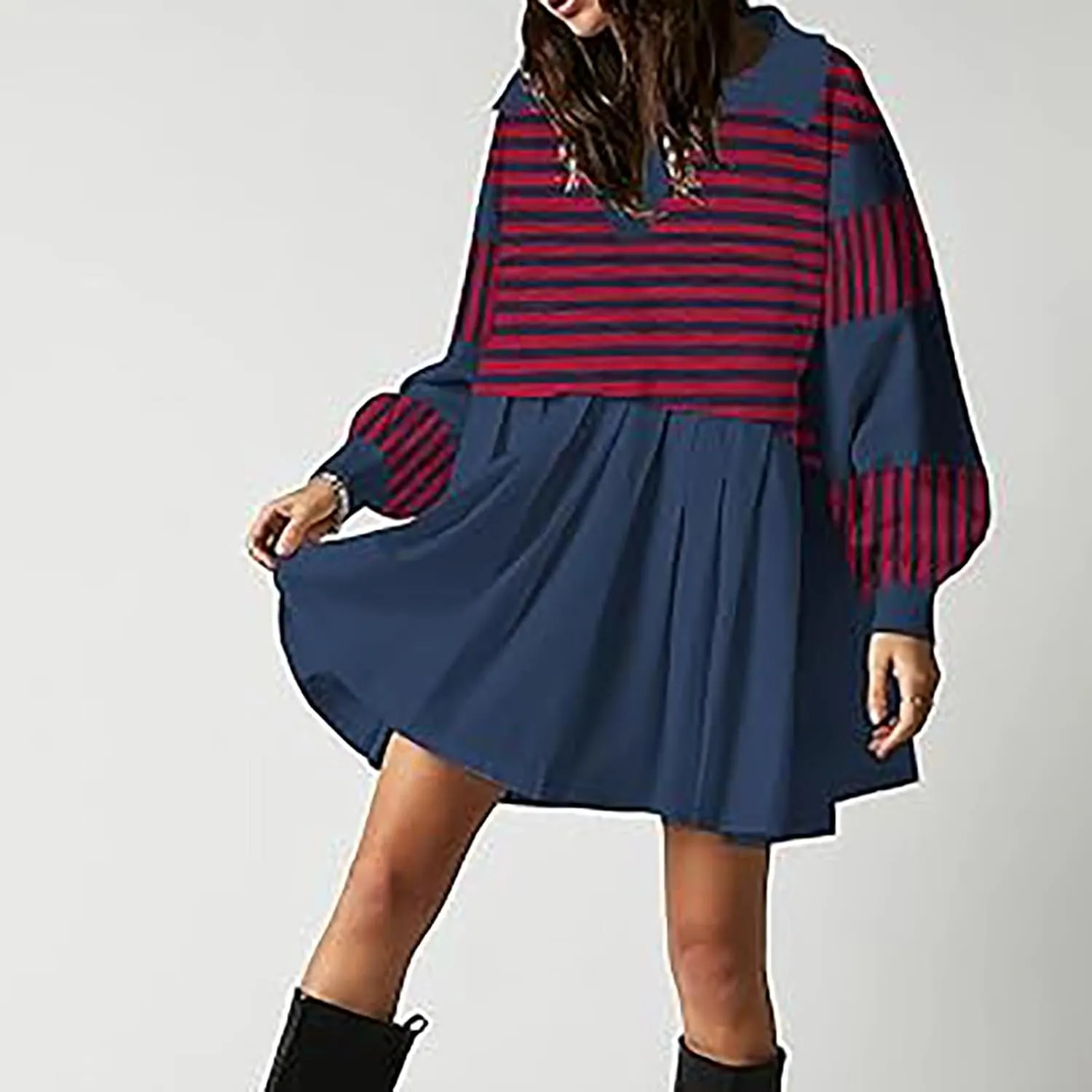 Long Sleeve Fall Dresses for Women 2024 Casual V Neck Striped Mini Dress Fashion Cute Ruffle T-Shirt Dress Preppy Top