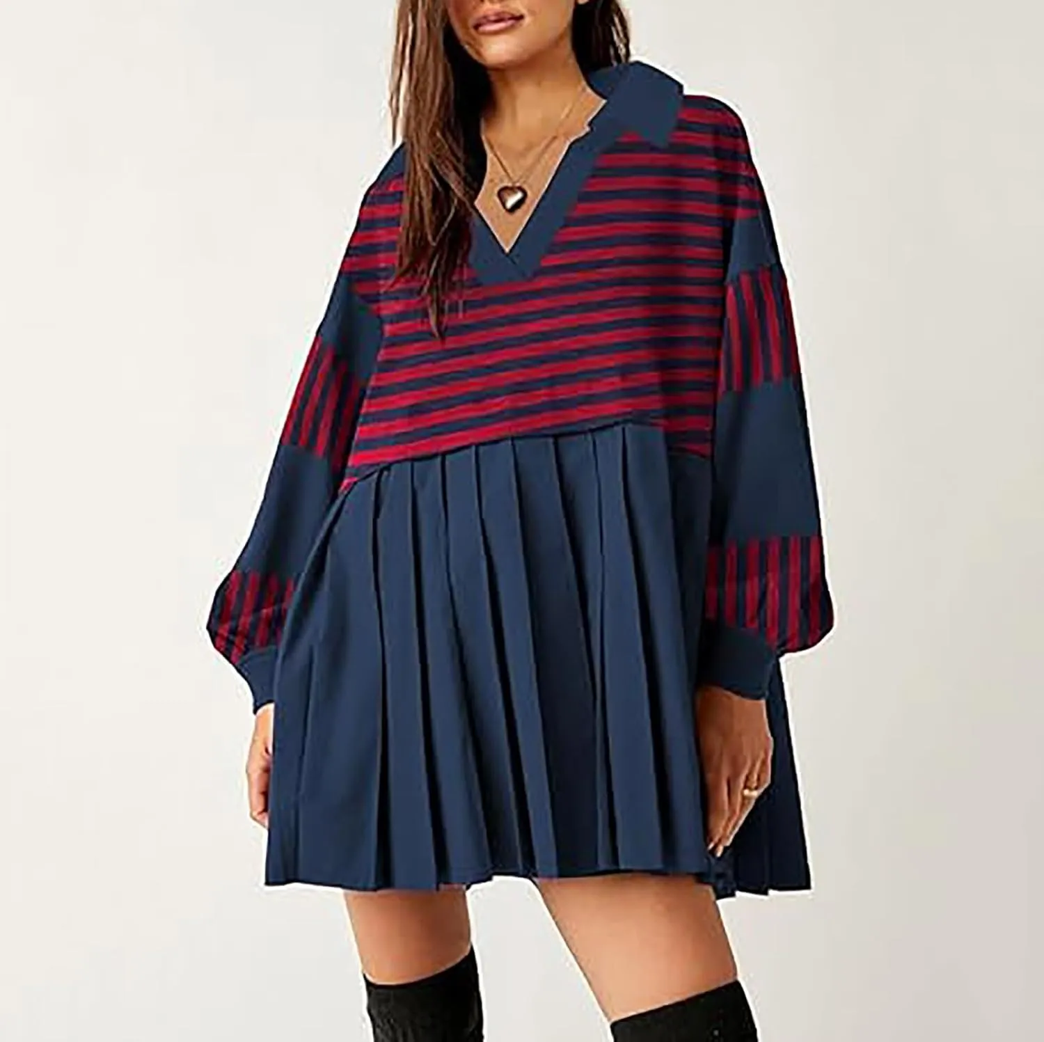 Long Sleeve Fall Dresses for Women 2024 Casual V Neck Striped Mini Dress Fashion Cute Ruffle T-Shirt Dress Preppy Top