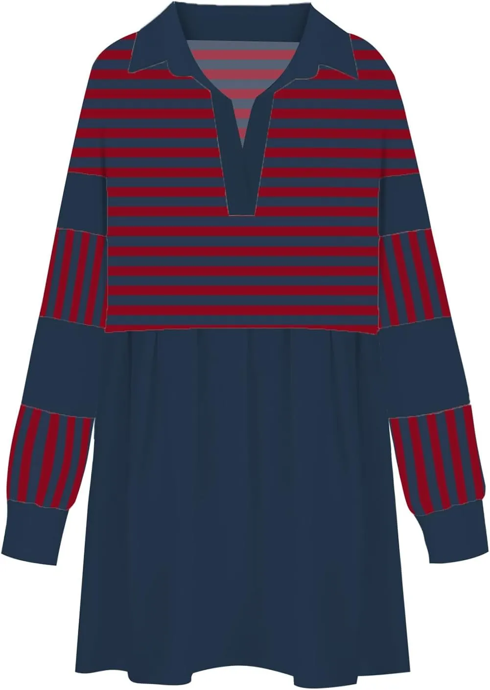Long Sleeve Fall Dresses for Women 2024 Casual V Neck Striped Mini Dress Fashion Cute Ruffle T-Shirt Dress Preppy Top