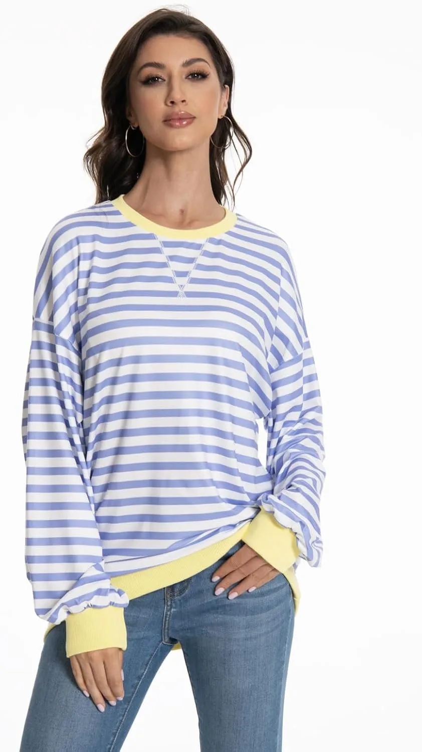 Long Sleeve Striped Shirts for Womens Cute Trendy Fall Crewneck Casual Loose Sweatshirt Color Block T-Shirt
