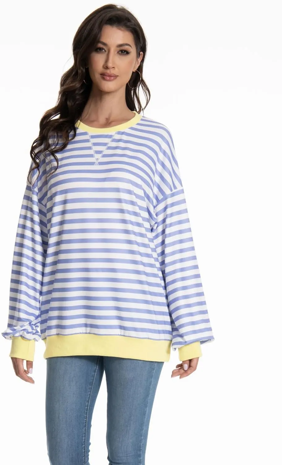 Long Sleeve Striped Shirts for Womens Cute Trendy Fall Crewneck Casual Loose Sweatshirt Color Block T-Shirt