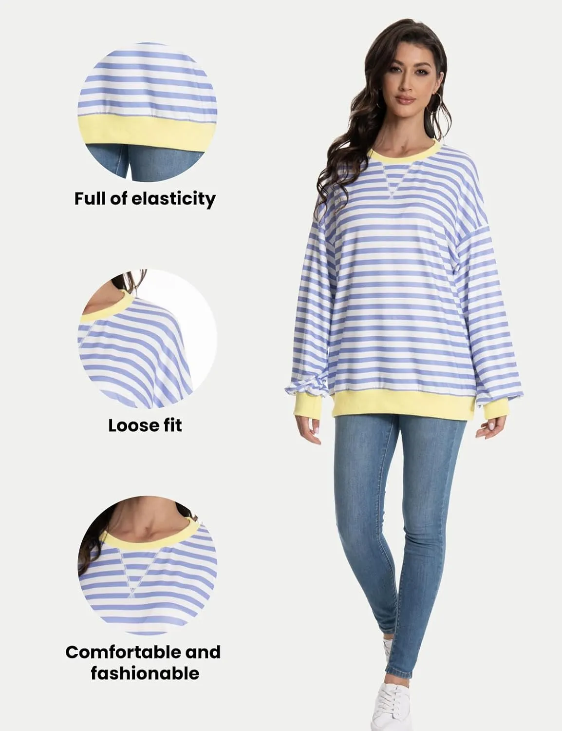 Long Sleeve Striped Shirts for Womens Cute Trendy Fall Crewneck Casual Loose Sweatshirt Color Block T-Shirt