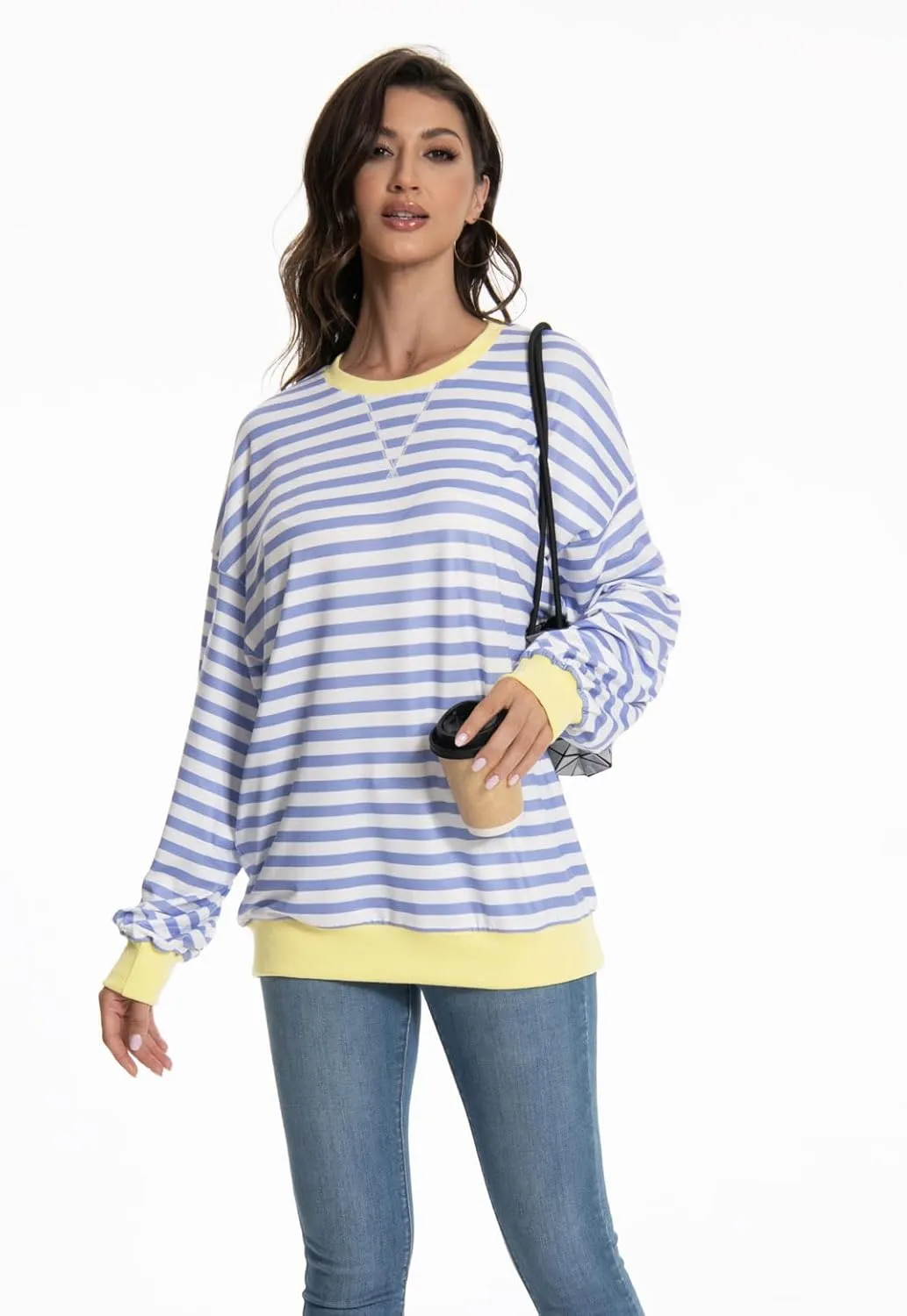 Long Sleeve Striped Shirts for Womens Cute Trendy Fall Crewneck Casual Loose Sweatshirt Color Block T-Shirt