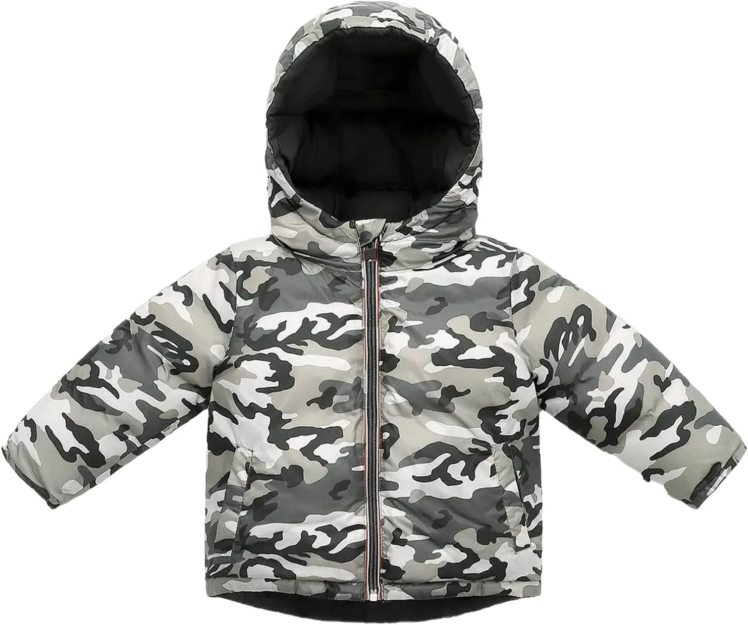 LUOUSE Boys' Reversible Winter Hoodie Coat Jacket with Zippered and Pockets, One Side Black and Camo on the Other, Ages 5-10