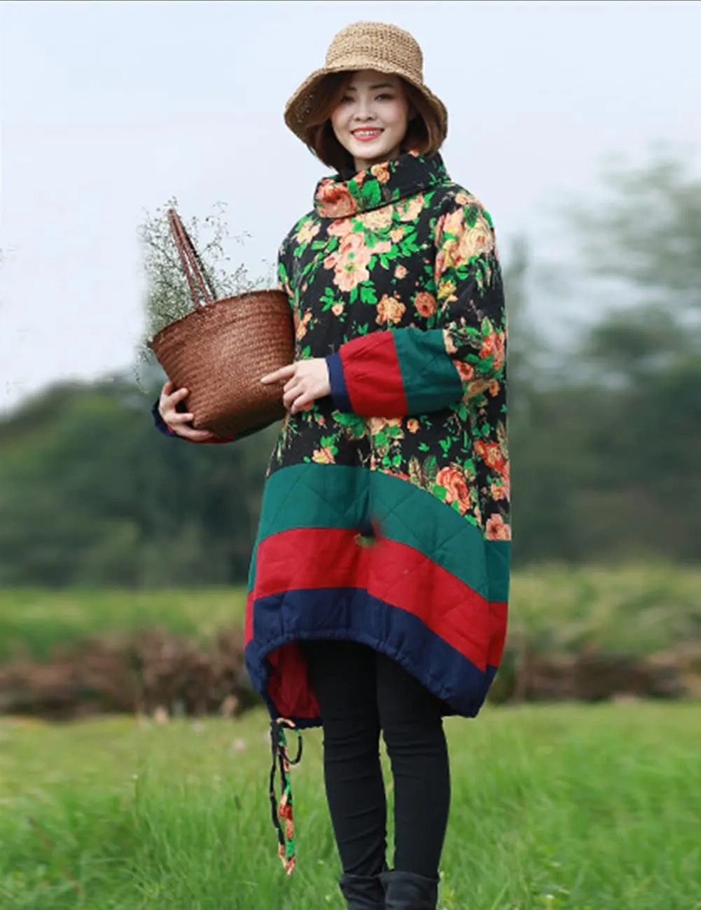 LUZU JUNU Women's Heaps Collar Fashion Outwear Coat Long Floral Cotton-Padded Quilted Warm Jacket Parka