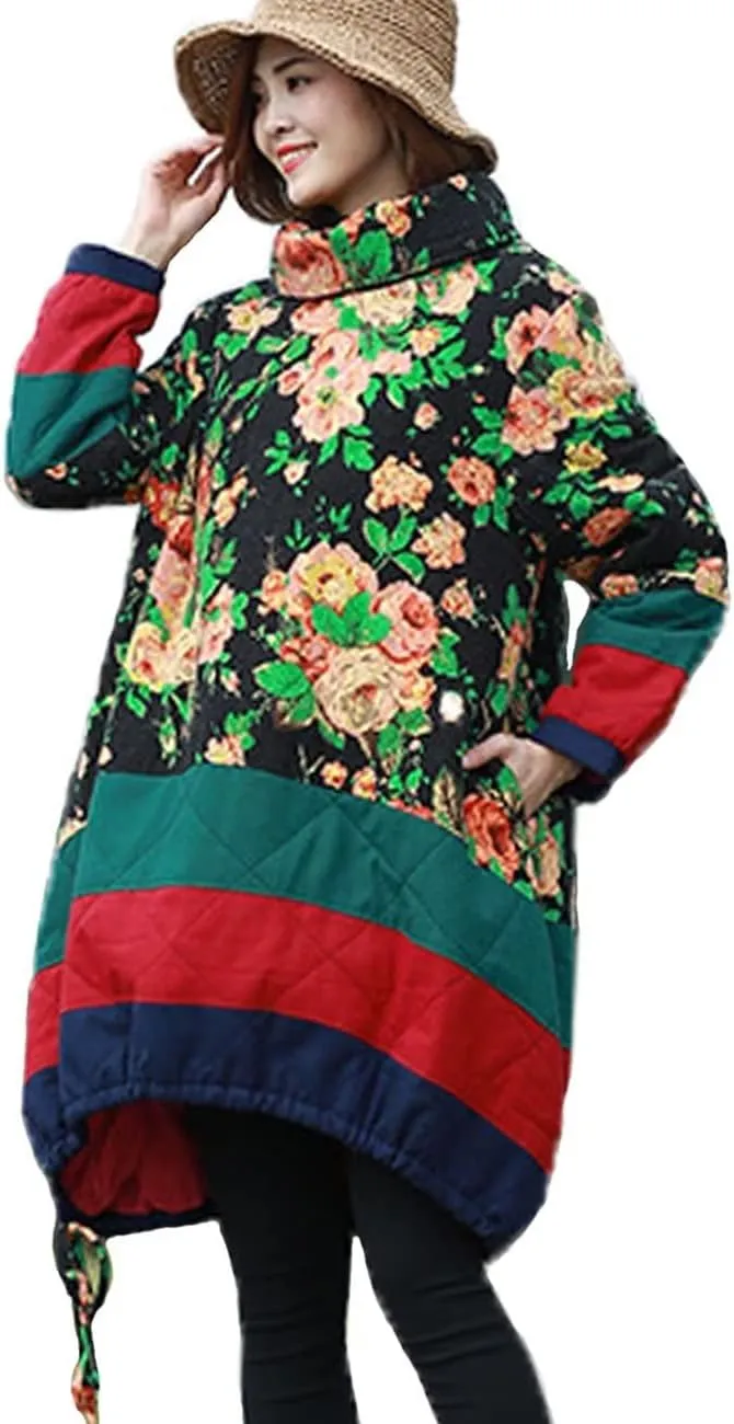 LUZU JUNU Women's Heaps Collar Fashion Outwear Coat Long Floral Cotton-Padded Quilted Warm Jacket Parka