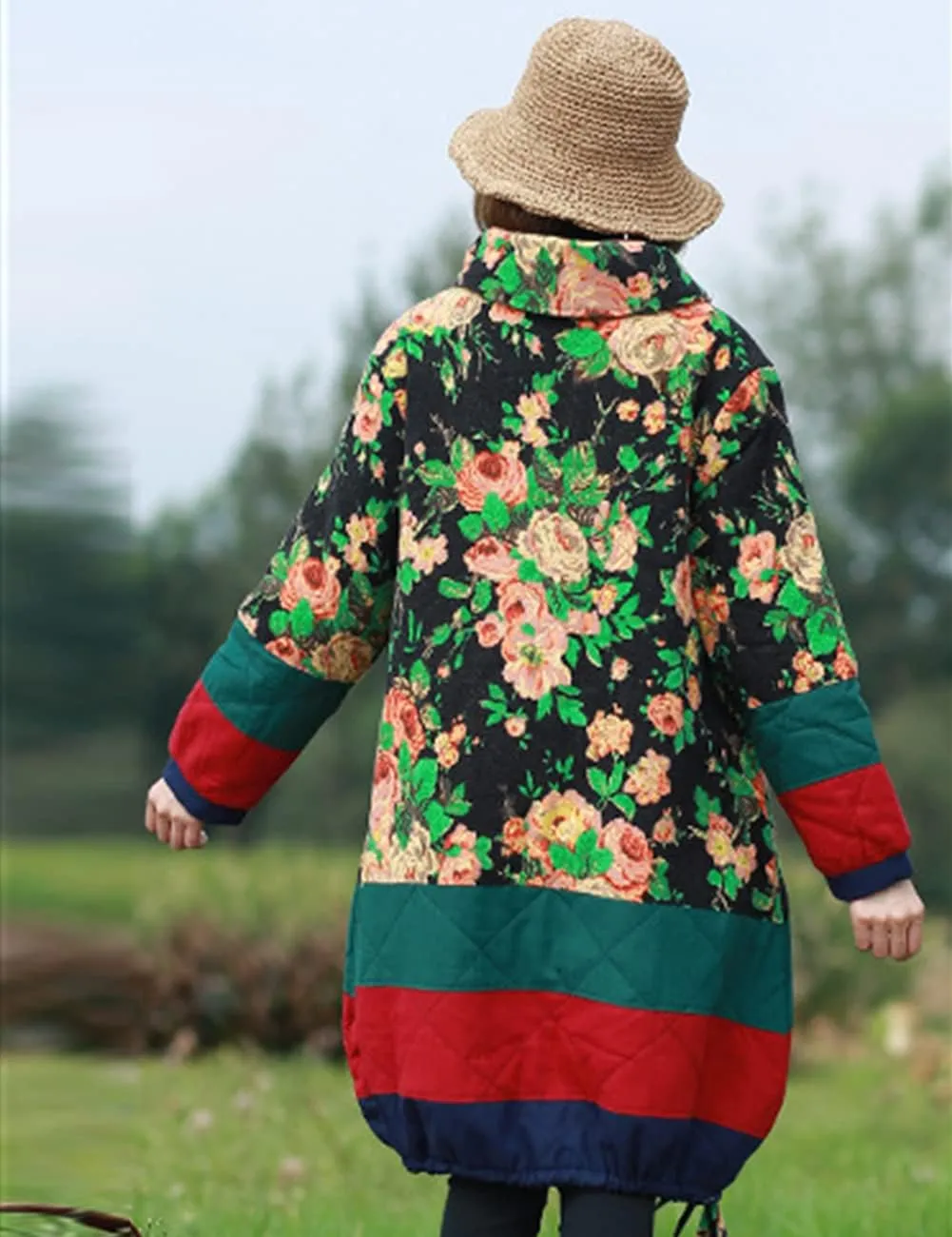 LUZU JUNU Women's Heaps Collar Fashion Outwear Coat Long Floral Cotton-Padded Quilted Warm Jacket Parka