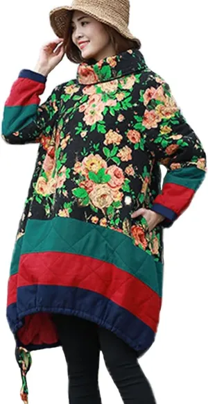 LUZU JUNU Women's Heaps Collar Fashion Outwear Coat Long Floral Cotton-Padded Quilted Warm Jacket Parka