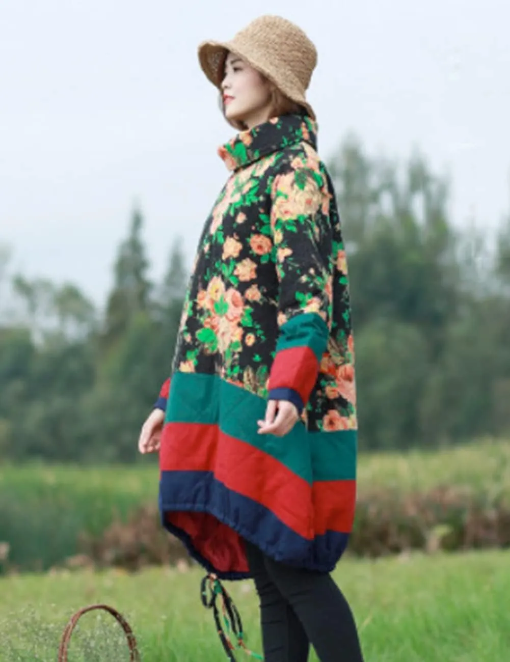 LUZU JUNU Women's Heaps Collar Fashion Outwear Coat Long Floral Cotton-Padded Quilted Warm Jacket Parka