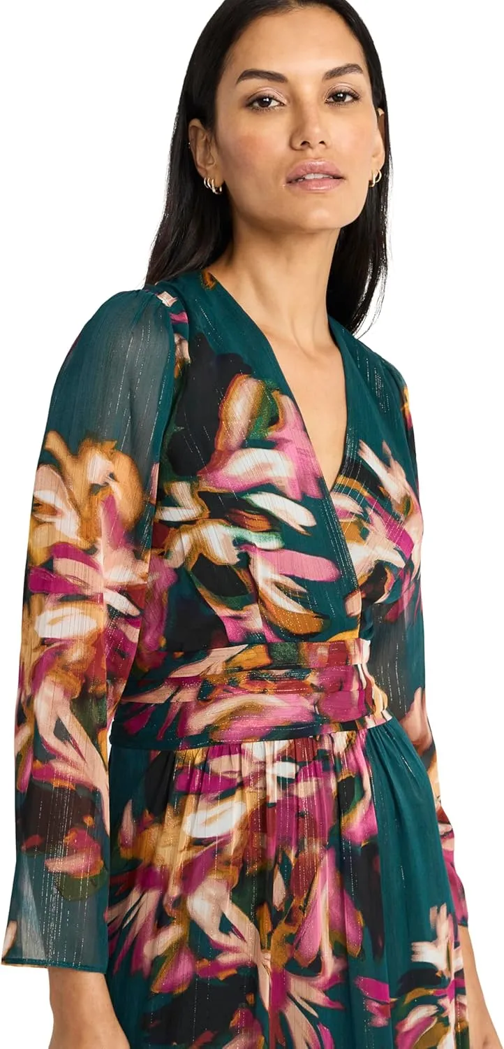 Maggy London Women's Floral Maxi Wrap Long Sleeve V-Neck-Elegant Wedding Guest Dress